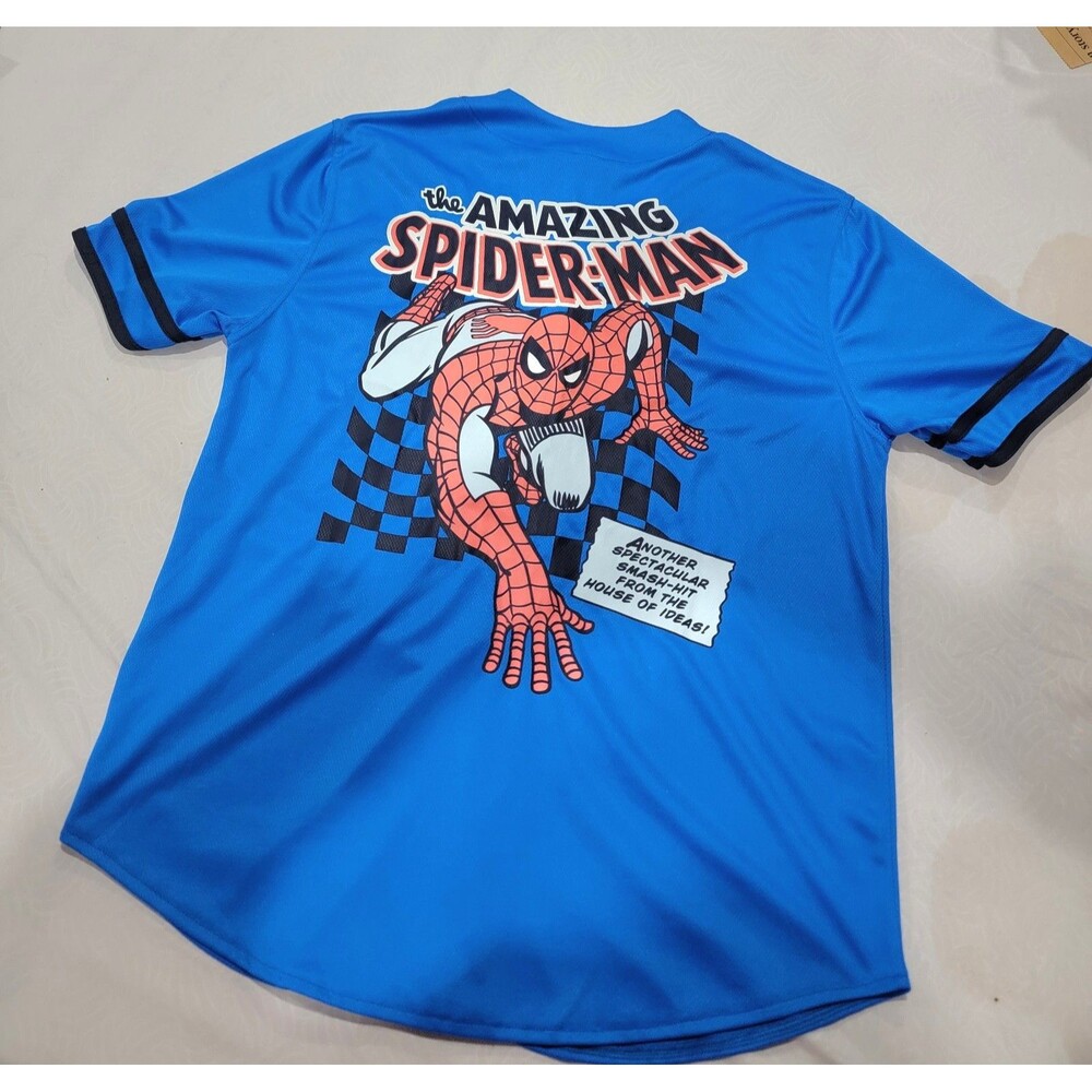 Marvel Spider-Man Baseball Jersey Shirt Blue Men’s Size M Graphic Button Up - Picture 2 of 4